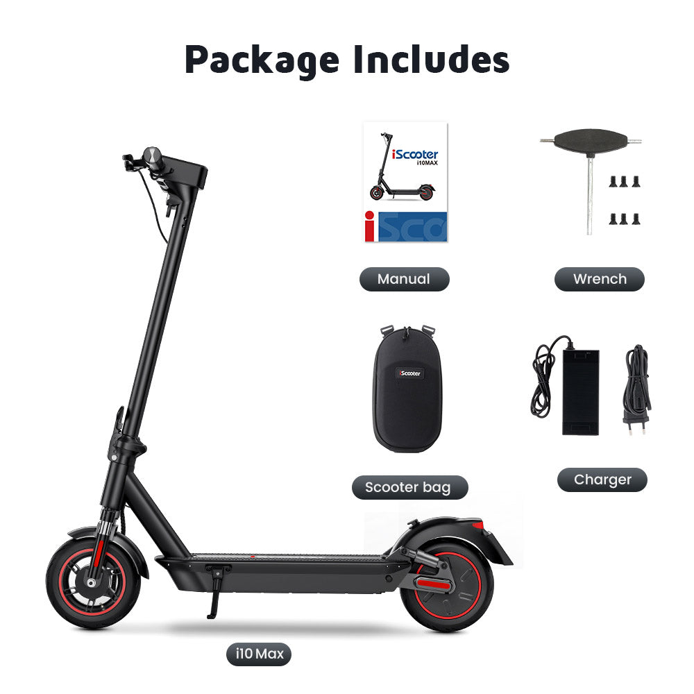 Elektromobilný skúter iScooter i10Max, 750W motor, 48V 18Ah batéria, 10-palcové pneumatiky, maximálna rýchlosť 45 km/h, dojazd 96 km, vodotesnosť IP54, predné a zadné odpruženie, ovládanie cez aplikáciu.