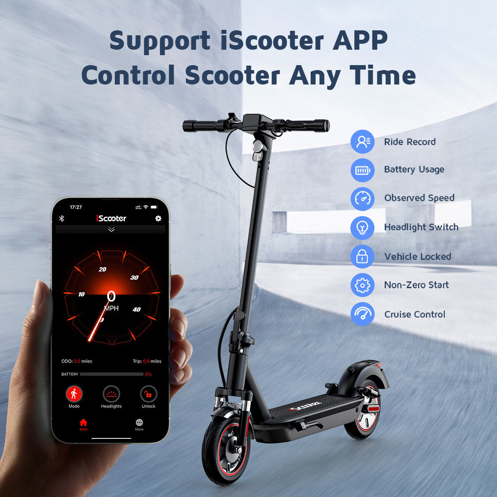 Elektromobilný skúter iScooter i10Max, 750W motor, 48V 18Ah batéria, 10-palcové pneumatiky, maximálna rýchlosť 45 km/h, dojazd 96 km, vodotesnosť IP54, predné a zadné odpruženie, ovládanie cez aplikáciu.