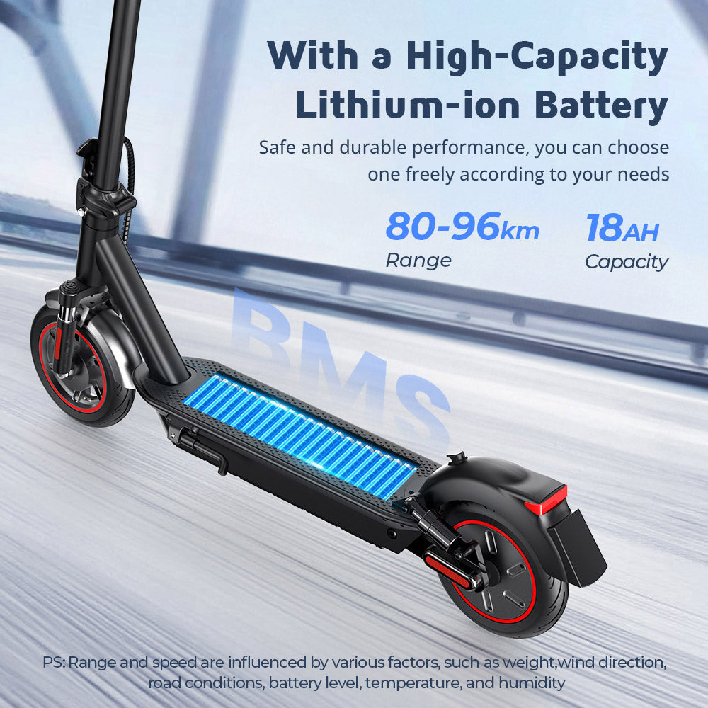 Elektromobilný skúter iScooter i10Max, 750W motor, 48V 18Ah batéria, 10-palcové pneumatiky, maximálna rýchlosť 45 km/h, dojazd 96 km, vodotesnosť IP54, predné a zadné odpruženie, ovládanie cez aplikáciu.