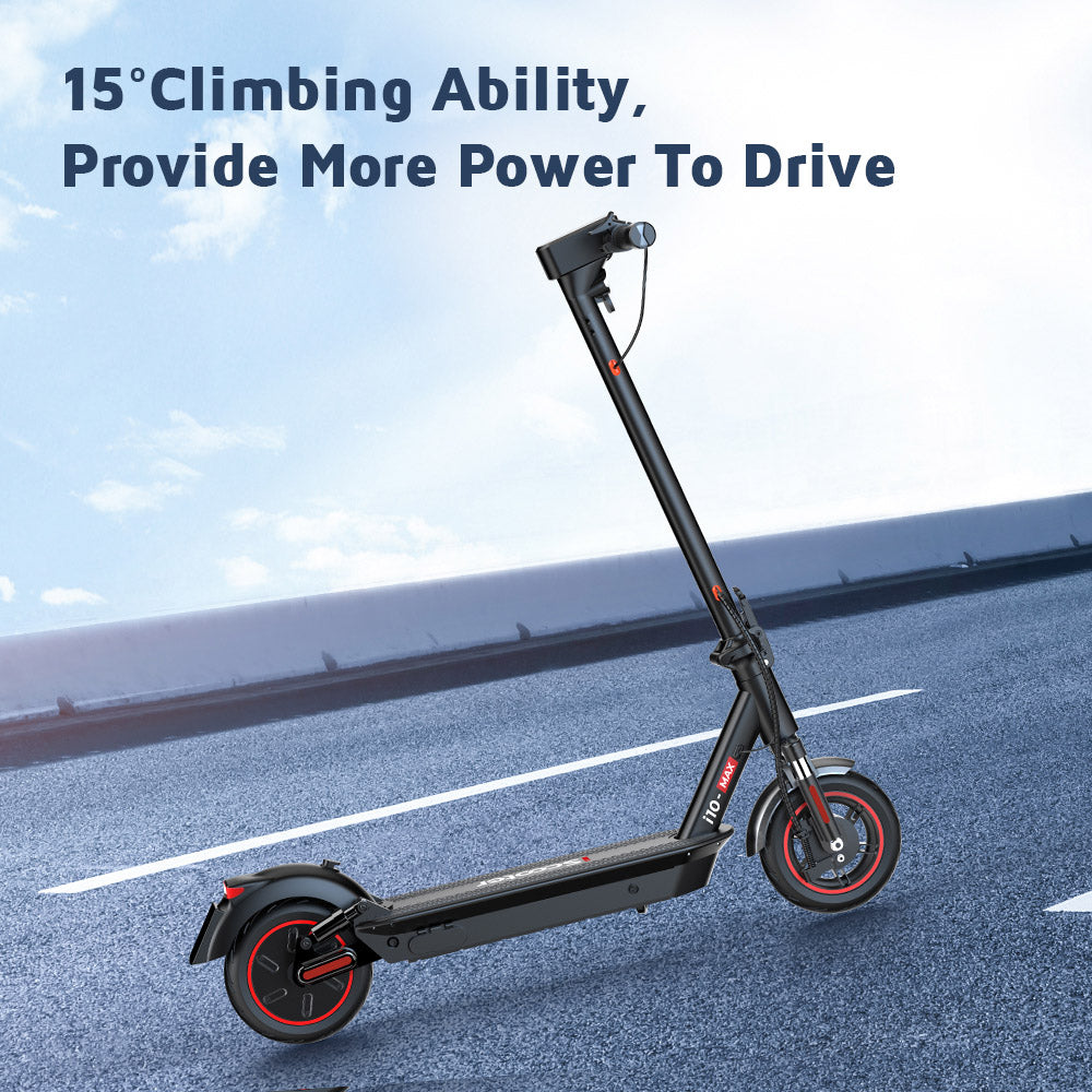 Elektromobilný skúter iScooter i10Max, 750W motor, 48V 18Ah batéria, 10-palcové pneumatiky, maximálna rýchlosť 45 km/h, dojazd 96 km, vodotesnosť IP54, predné a zadné odpruženie, ovládanie cez aplikáciu.