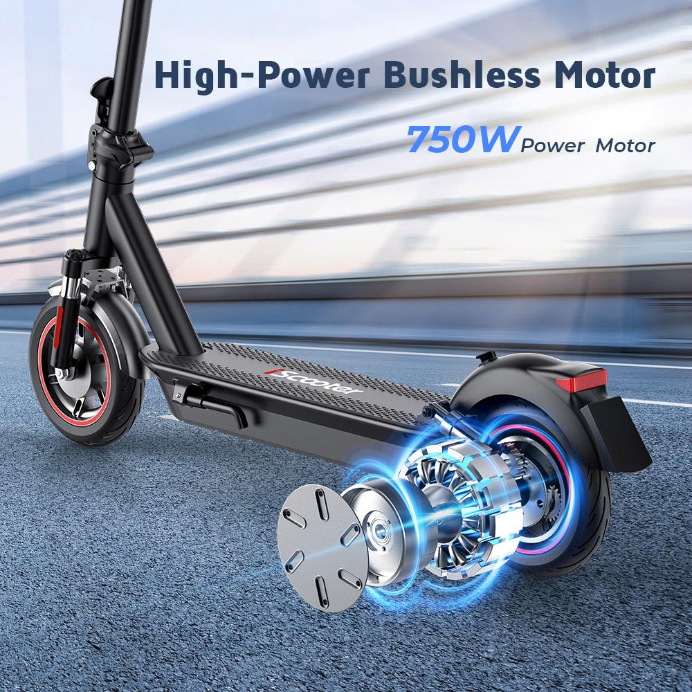 Elektromobilný skúter iScooter i10Max, 750W motor, 48V 18Ah batéria, 10-palcové pneumatiky, maximálna rýchlosť 45 km/h, dojazd 96 km, vodotesnosť IP54, predné a zadné odpruženie, ovládanie cez aplikáciu.