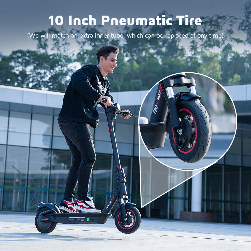 Elektromobilný skúter iScooter i10Max, 750W motor, 48V 18Ah batéria, 10-palcové pneumatiky, maximálna rýchlosť 45 km/h, dojazd 96 km, vodotesnosť IP54, predné a zadné odpruženie, ovládanie cez aplikáciu.