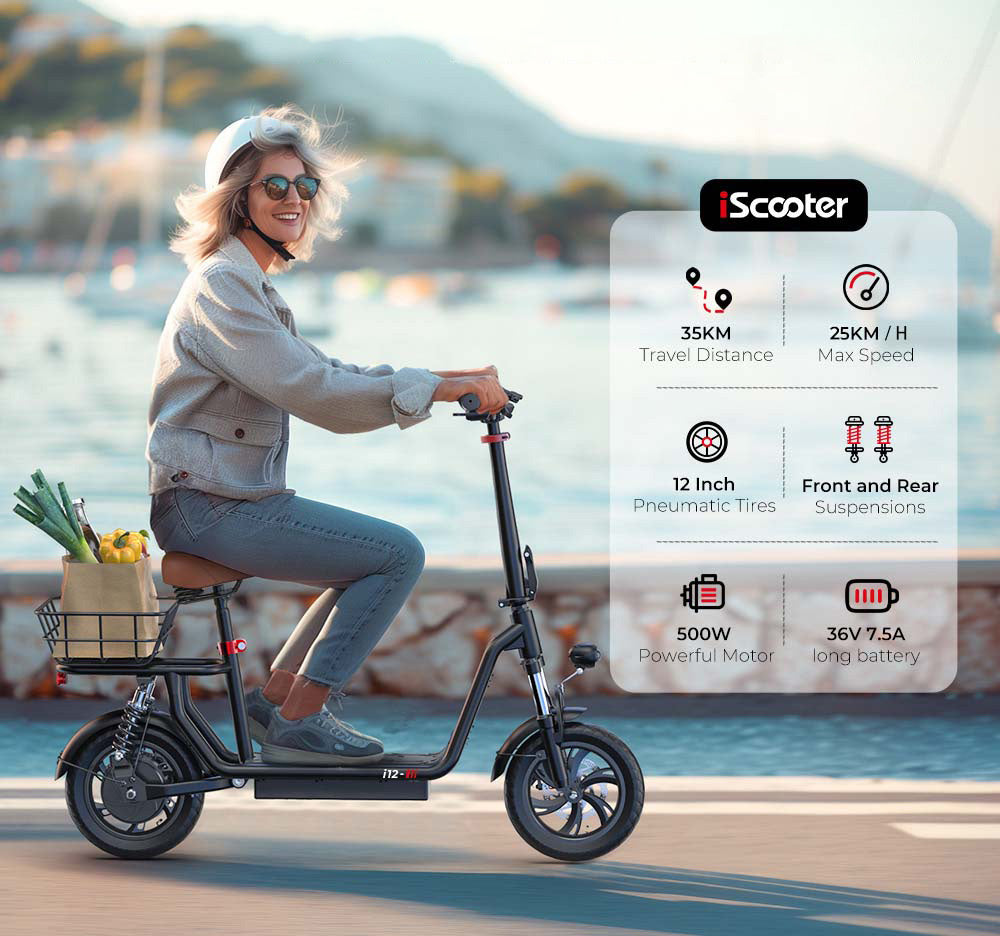 Električný skúter iScooter i12 s posedením a zadným košíkom, 500W motor, 36V 7,5Ah batéria, 12-palcové pneumatiky, maximálna rýchlosť 25 km/h, maximálny dojazd 35 km, dvojité kotúčové brzdy, dvojité tlmiče nárazov.