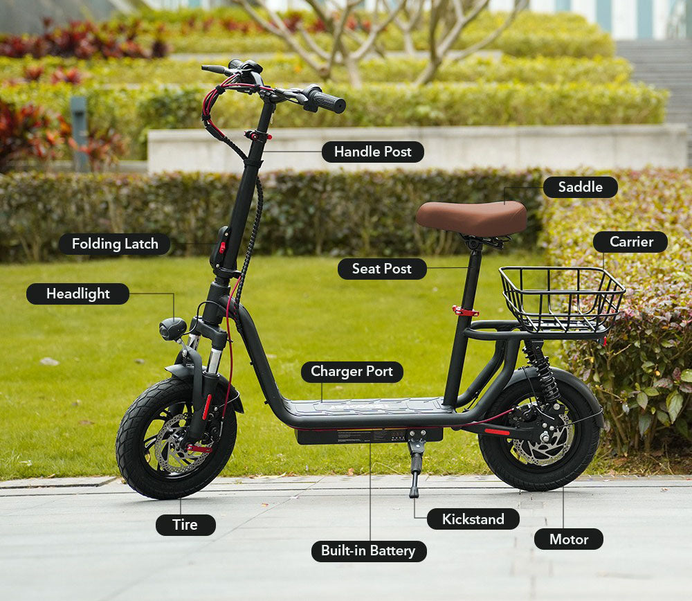 Elektromobilný skúter iScooter i12 s posedením a zadným košíkom, 500W motor, 36V 7.5Ah batéria, 12-palcové pneumatiky, maximálna rýchlosť 25 km/h, maximálny dojazd 35 km, dvojité kotúčové brzdy, dvojité tlmiče nárazov.