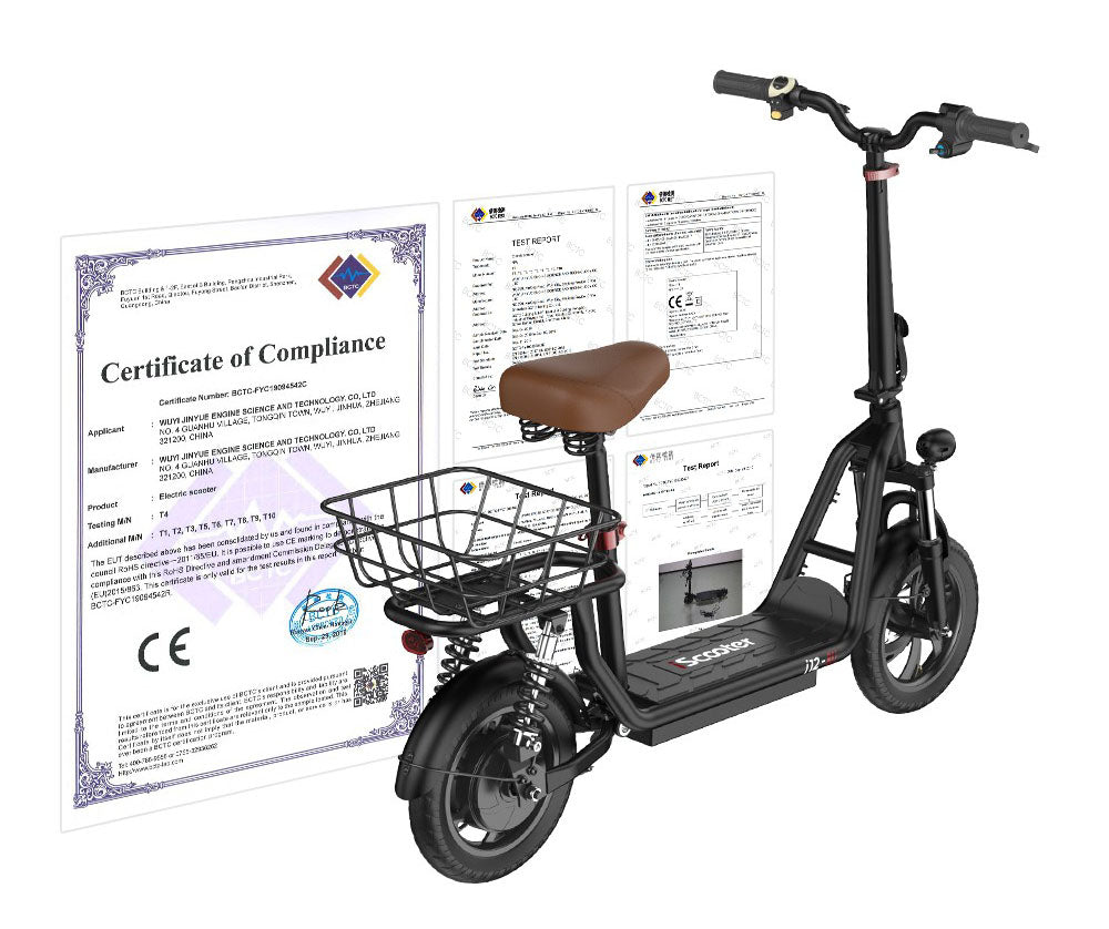 Električný skúter iScooter i12 s posedením a zadným košíkom, 500W motor, 36V 7,5Ah batéria, 12-palcové pneumatiky, maximálna rýchlosť 25 km/h, maximálny dojazd 35 km, dvojité kotúčové brzdy, dvojité tlmiče nárazov.
