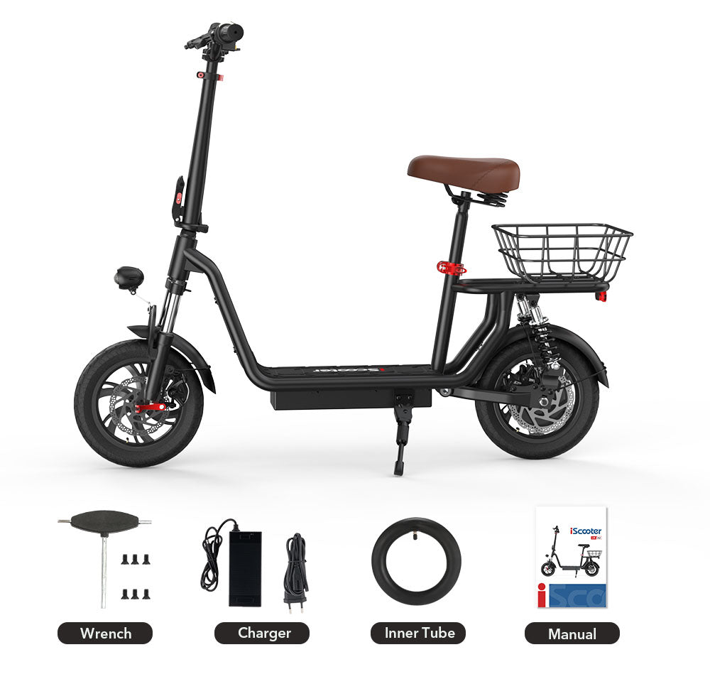 Elektromobilný skúter iScooter i12 s posedením a zadným košíkom, 500W motor, 36V 7.5Ah batéria, 12-palcové pneumatiky, maximálna rýchlosť 25 km/h, maximálny dojazd 35 km, dvojité kotúčové brzdy, dvojité tlmiče nárazov.