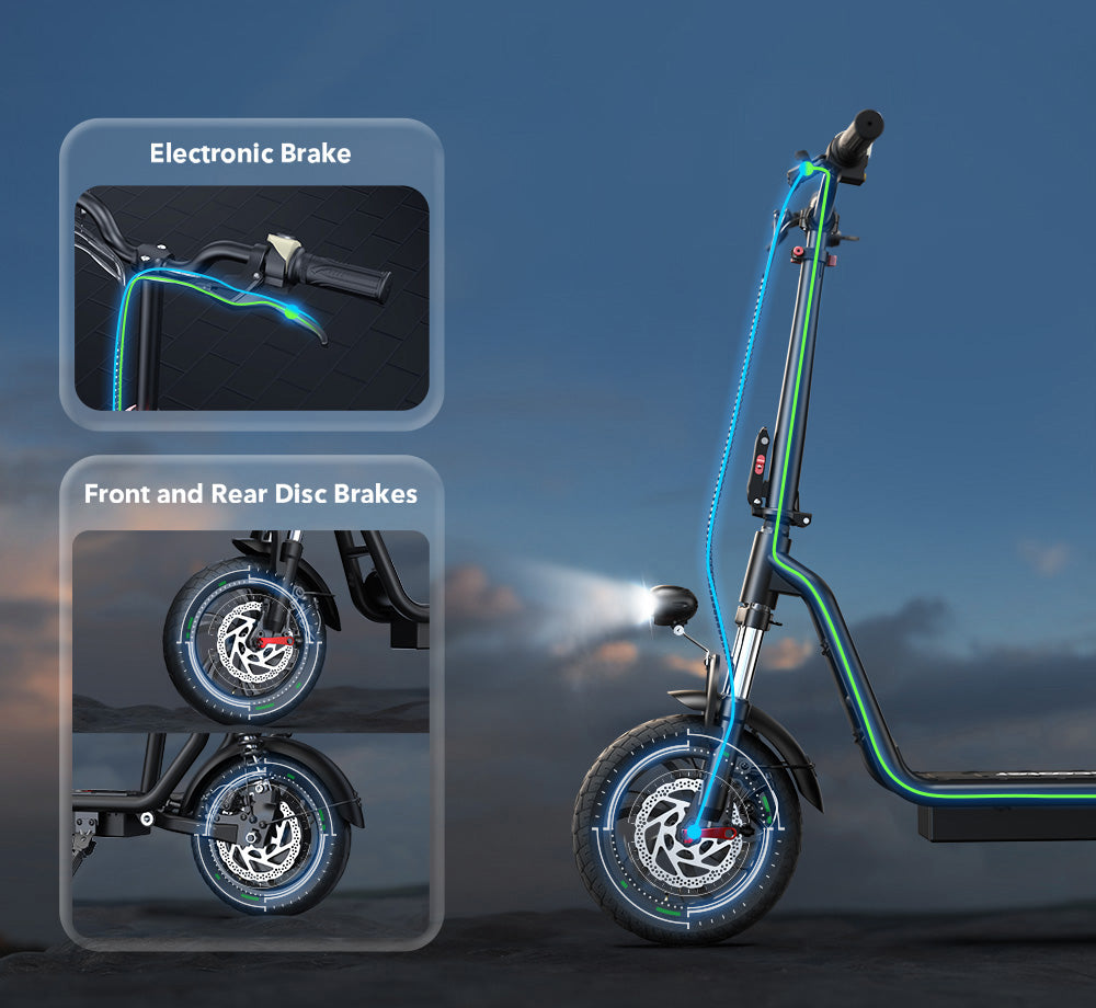 Elektromobilný skúter iScooter i12 s posedením a zadným košíkom, 500W motor, 36V 7.5Ah batéria, 12-palcové pneumatiky, maximálna rýchlosť 25 km/h, maximálny dojazd 35 km, dvojité kotúčové brzdy, dvojité tlmiče nárazov.