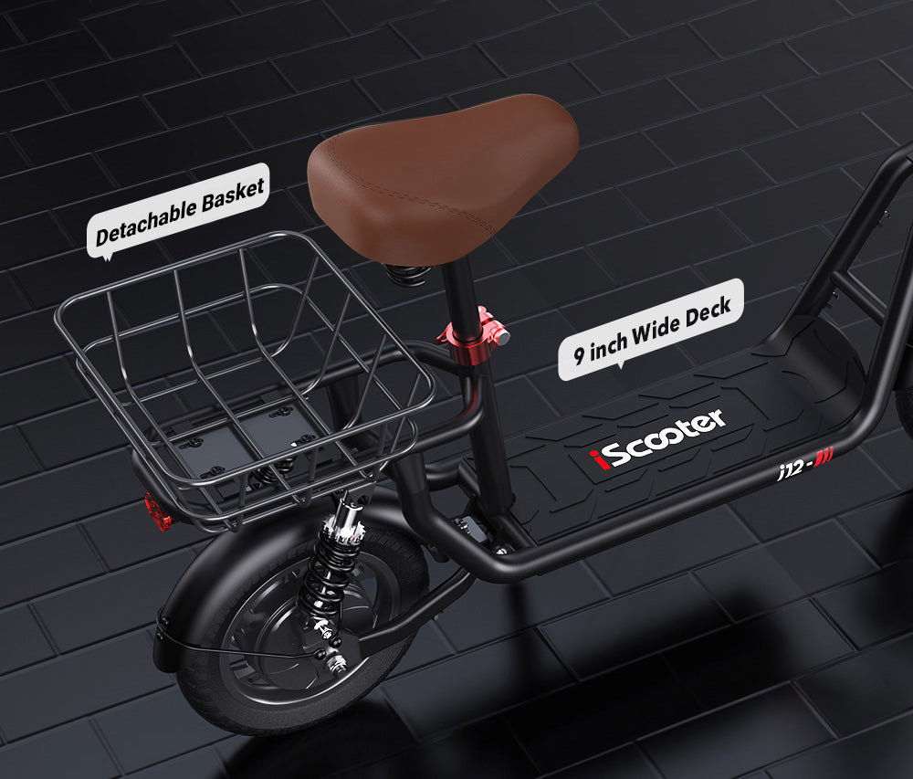 Električný skúter iScooter i12 s posedením a zadným košíkom, 500W motor, 36V 7,5Ah batéria, 12-palcové pneumatiky, maximálna rýchlosť 25 km/h, maximálny dojazd 35 km, dvojité kotúčové brzdy, dvojité tlmiče nárazov.