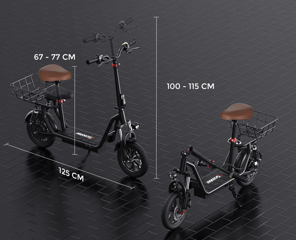 Elektromobilný skúter iScooter i12 s posedením a zadným košíkom, 500W motor, 36V 7.5Ah batéria, 12-palcové pneumatiky, maximálna rýchlosť 25 km/h, maximálny dojazd 35 km, dvojité kotúčové brzdy, dvojité tlmiče nárazov.