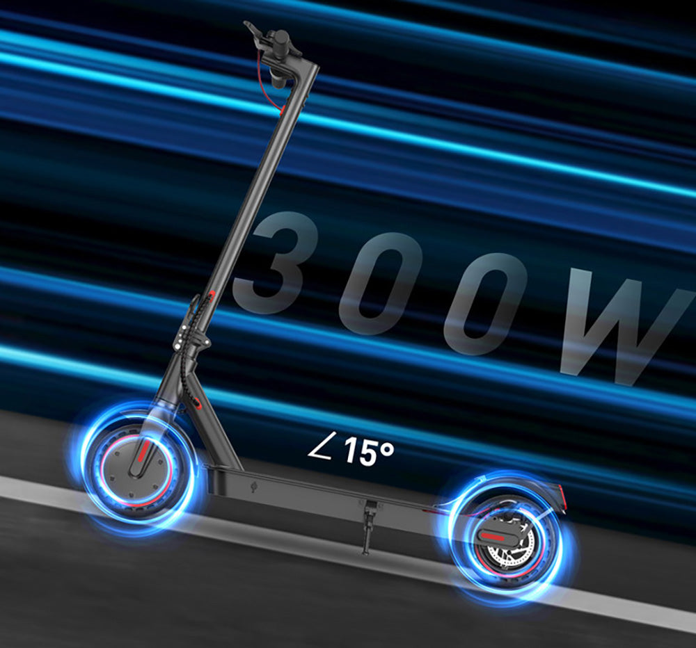 iScooter i9 skladací elektrický skúter, 8,5 palcové plástové pneumatiky, 350W motor, 7,5Ah batéria, max. rýchlosť 30 km/h, aplikácia, IP54 vodotesnosť - čierna