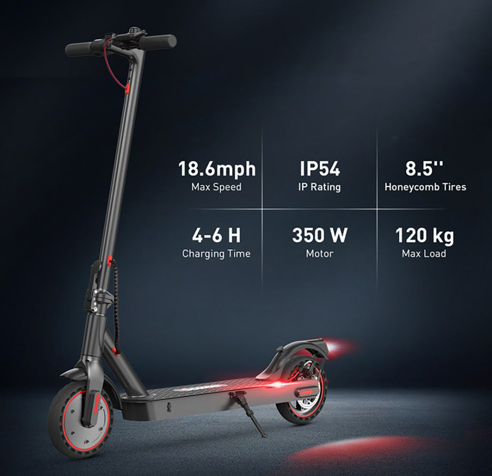 iScooter i9 skladací elektrický skúter, 8,5 palcové plástové pneumatiky, 350W motor, 7,5Ah batéria, max. rýchlosť 30 km/h, aplikácia, IP54 vodotesnosť - čierna