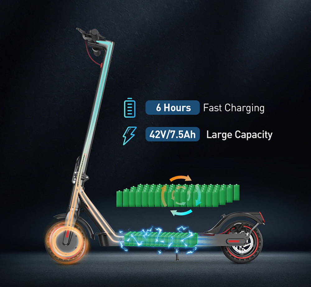 iScooter i9 skladací elektrický skúter, 8,5 palcové plástové pneumatiky, 350W motor, 7,5Ah batéria, max. rýchlosť 30 km/h, aplikácia, IP54 vodotesnosť - čierna
