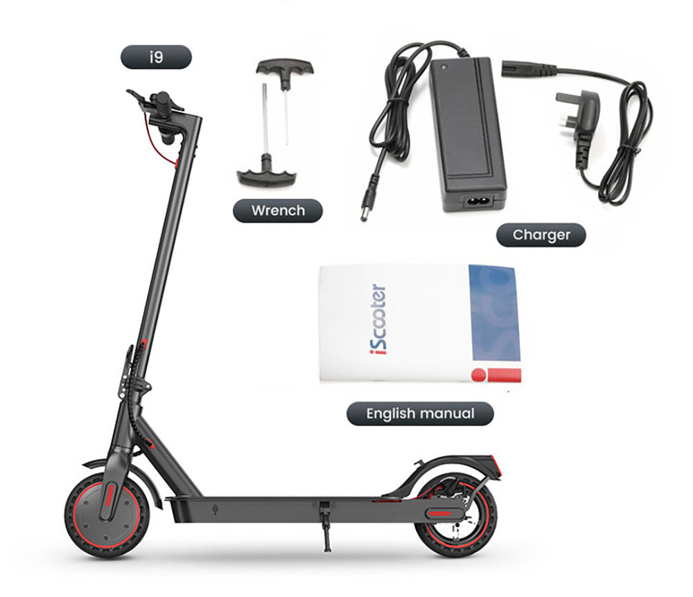 iScooter i9 skladací elektrický skúter, 8,5 palcové plástové pneumatiky, 350W motor, 7,5Ah batéria, max. rýchlosť 30 km/h, aplikácia, IP54 vodotesnosť - čierna