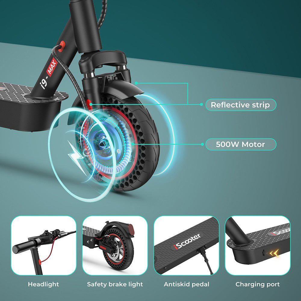 Elektrokolobežka iScooter i9 Max, 10-palcové pláty s včelími úlmi, 500W motor, 36V 10Ah batéria, maximálna rýchlosť 30 km/h, maximálny dojazd 30-40 km, nosnosť 120 kg, dvojité odpruženie, ovládanie cez inteligentnú aplikáciu.