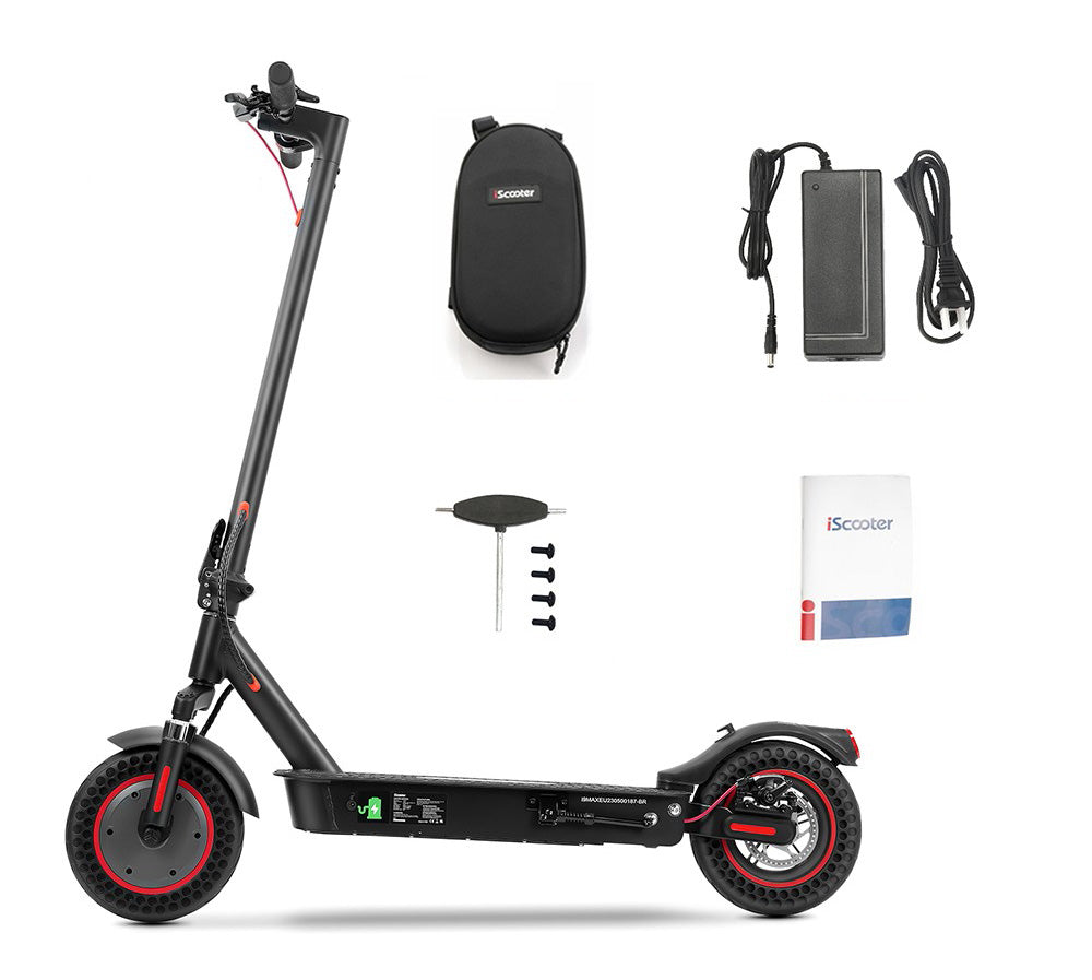Elektrokolobežka iScooter i9 Max, 10-palcové pláty s včelími úlmi, 500W motor, 36V 10Ah batéria, maximálna rýchlosť 30 km/h, maximálny dojazd 30-40 km, nosnosť 120 kg, dvojité odpruženie, ovládanie cez inteligentnú aplikáciu.