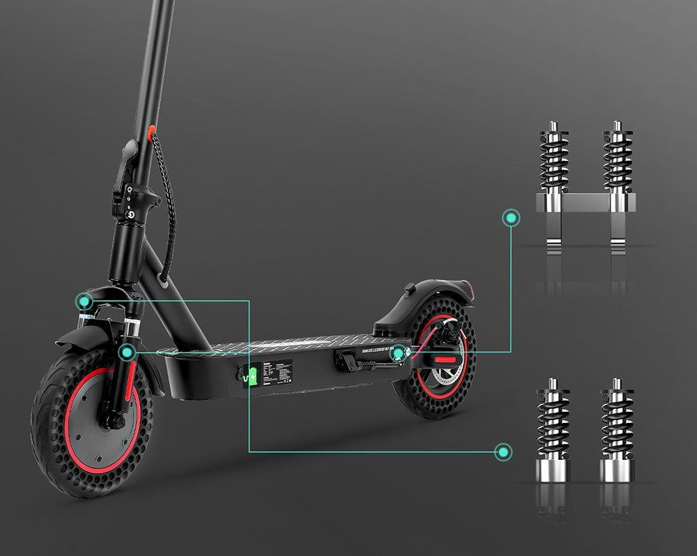 Elektrokolobežka iScooter i9 Max, 10-palcové pláty s včelími úlmi, 500W motor, 36V 10Ah batéria, maximálna rýchlosť 30 km/h, maximálny dojazd 30-40 km, nosnosť 120 kg, dvojité odpruženie, ovládanie cez inteligentnú aplikáciu.