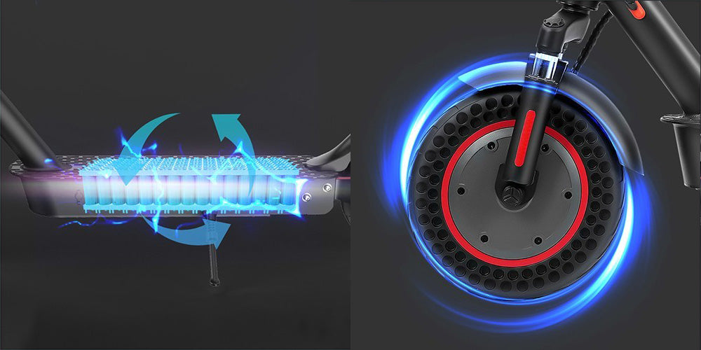 Elektrokolobežka iScooter i9 Max, 10-palcové pláty s včelími úlmi, 500W motor, 36V 10Ah batéria, maximálna rýchlosť 30 km/h, maximálny dojazd 30-40 km, nosnosť 120 kg, dvojité odpruženie, ovládanie cez inteligentnú aplikáciu.