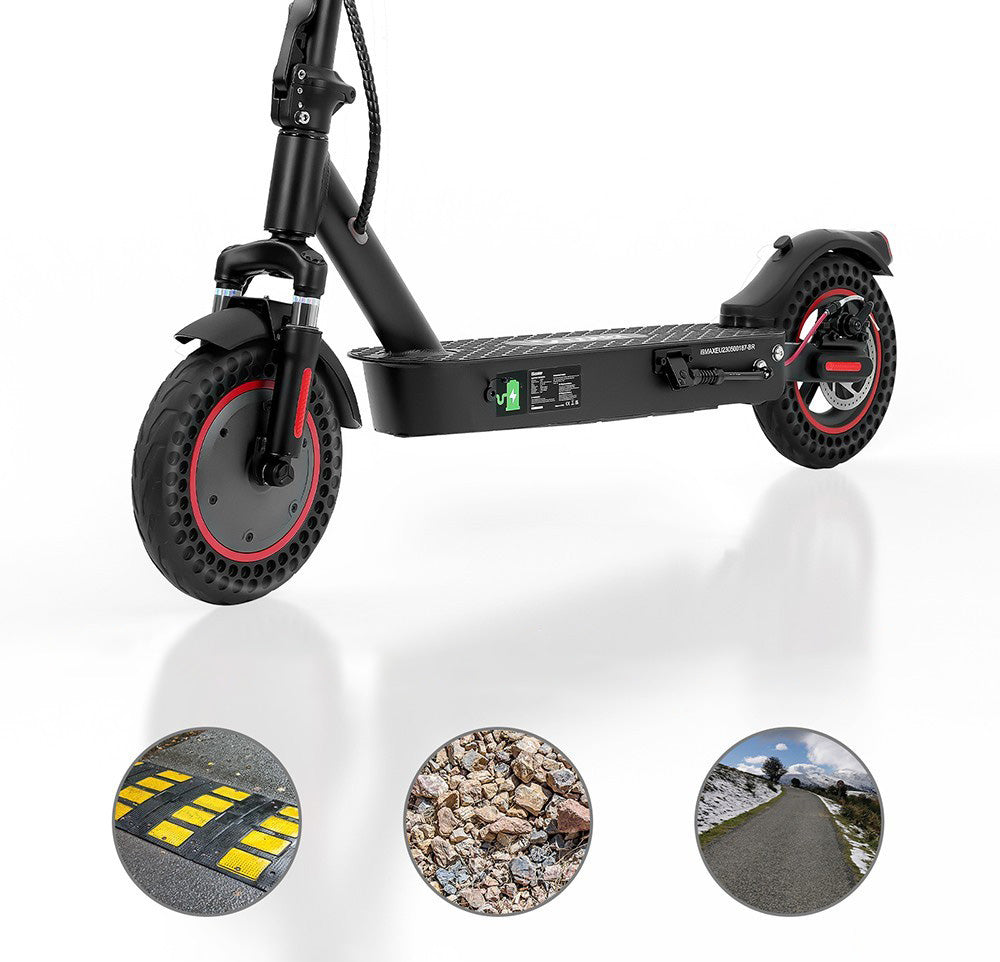 Elektrokolobežka iScooter i9 Max, 10-palcové pláty s včelími úlmi, 500W motor, 36V 10Ah batéria, maximálna rýchlosť 30 km/h, maximálny dojazd 30-40 km, nosnosť 120 kg, dvojité odpruženie, ovládanie cez inteligentnú aplikáciu.