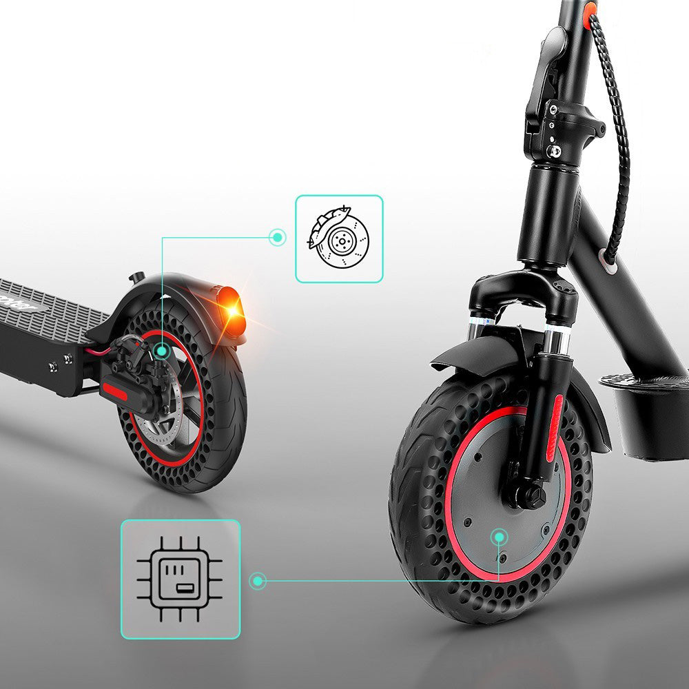 Elektrokolobežka iScooter i9 Max, 10-palcové pláty s včelími úlmi, 500W motor, 36V 10Ah batéria, maximálna rýchlosť 30 km/h, maximálny dojazd 30-40 km, nosnosť 120 kg, dvojité odpruženie, ovládanie cez inteligentnú aplikáciu.