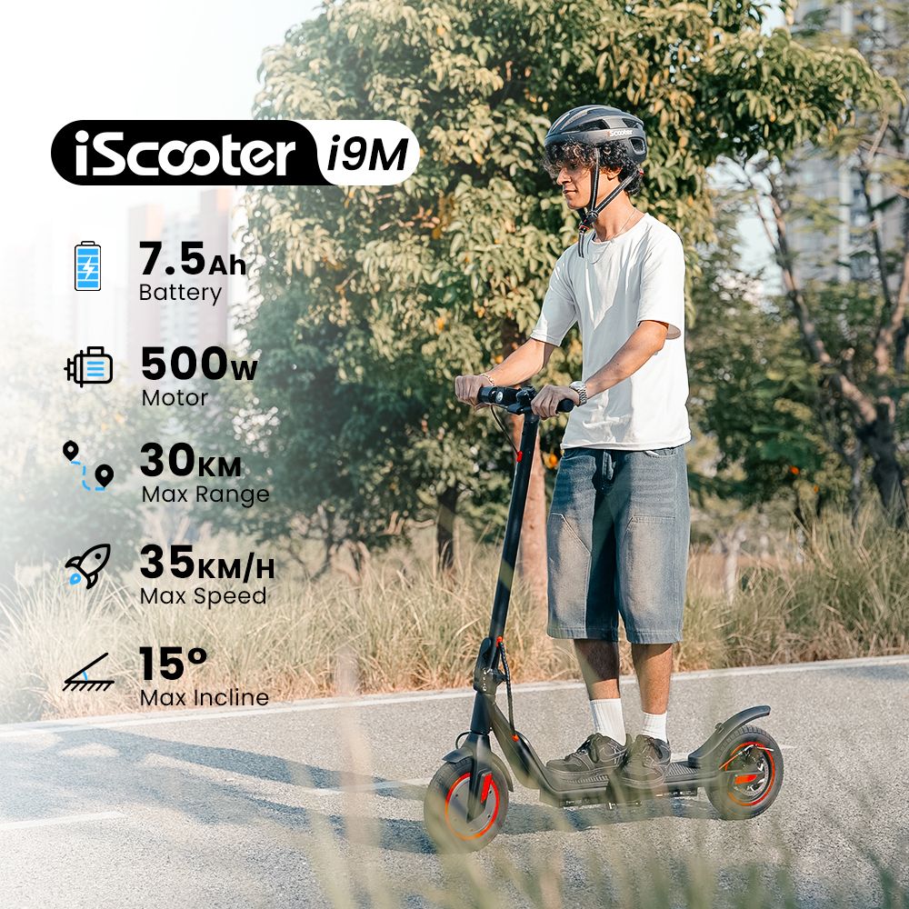 Elektromobilný skúter iScooter i9M, 500W motor, 42V 7,5Ah batéria, 10-palcové pneumatiky, maximálna rýchlosť 35 km/h, dojazd 30 km, predná elektronická brzda a zadná kotúčová brzda, ovládanie cez aplikáciu, LCD displej.