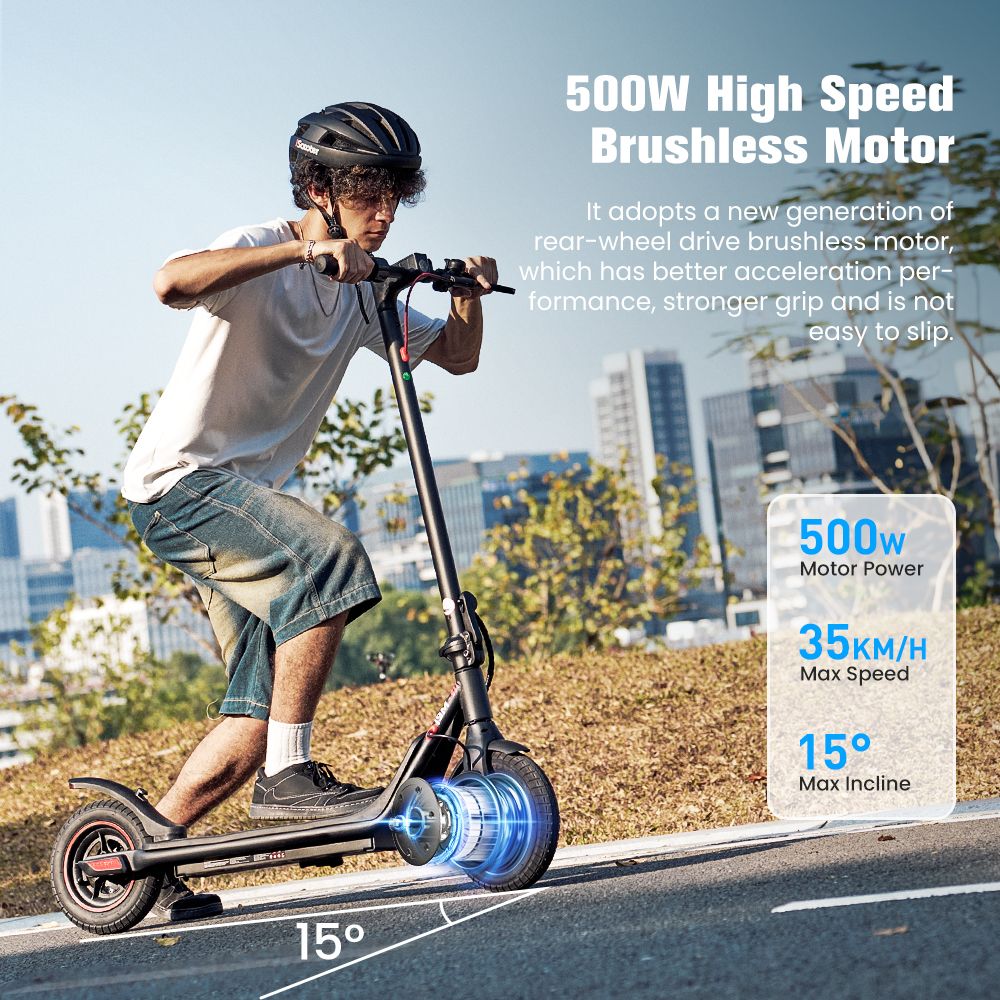Elektromobilný skúter iScooter i9M, 500W motor, 42V 7,5Ah batéria, 10-palcové pneumatiky, maximálna rýchlosť 35 km/h, dojazd 30 km, predná elektronická brzda a zadná kotúčová brzda, ovládanie cez aplikáciu, LCD displej.
