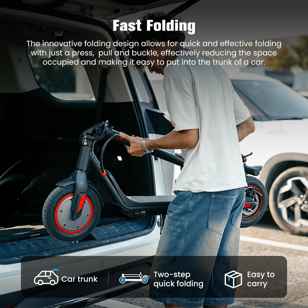 Elektromobilný skúter iScooter i9M, 500W motor, 42V 7,5Ah batéria, 10-palcové pneumatiky, maximálna rýchlosť 35 km/h, dojazd 30 km, predná elektronická brzda a zadná kotúčová brzda, ovládanie cez aplikáciu, LCD displej.