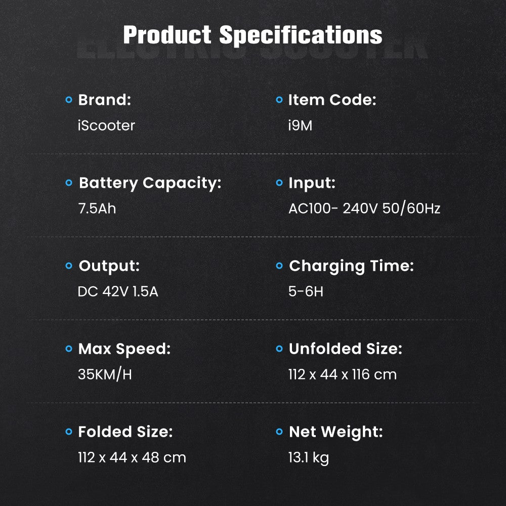 Elektromobilný skúter iScooter i9M, 500W motor, 42V 7,5Ah batéria, 10-palcové pneumatiky, maximálna rýchlosť 35 km/h, dojazd 30 km, predná elektronická brzda a zadná kotúčová brzda, ovládanie cez aplikáciu, LCD displej.