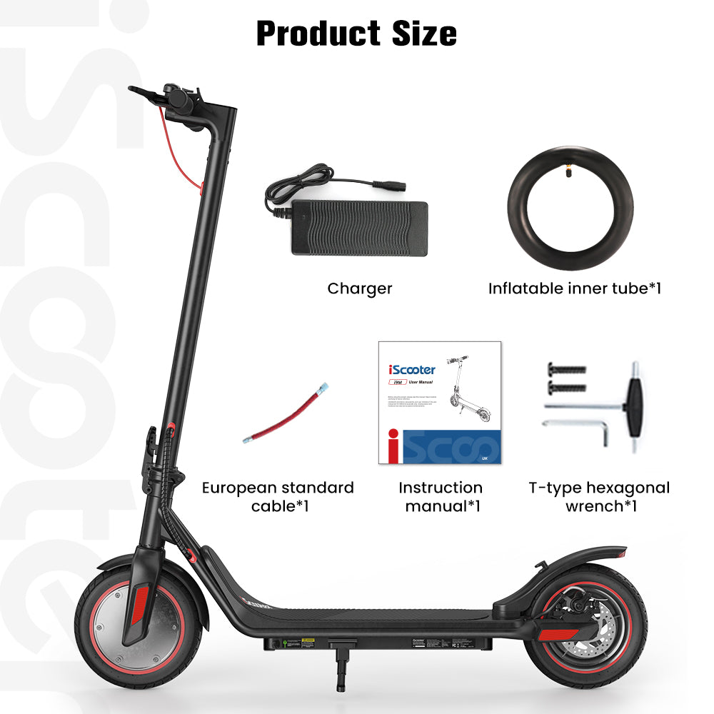 Elektromobilný skúter iScooter i9M, 500W motor, 42V 7,5Ah batéria, 10-palcové pneumatiky, maximálna rýchlosť 35 km/h, dojazd 30 km, predná elektronická brzda a zadná kotúčová brzda, ovládanie cez aplikáciu, LCD displej.