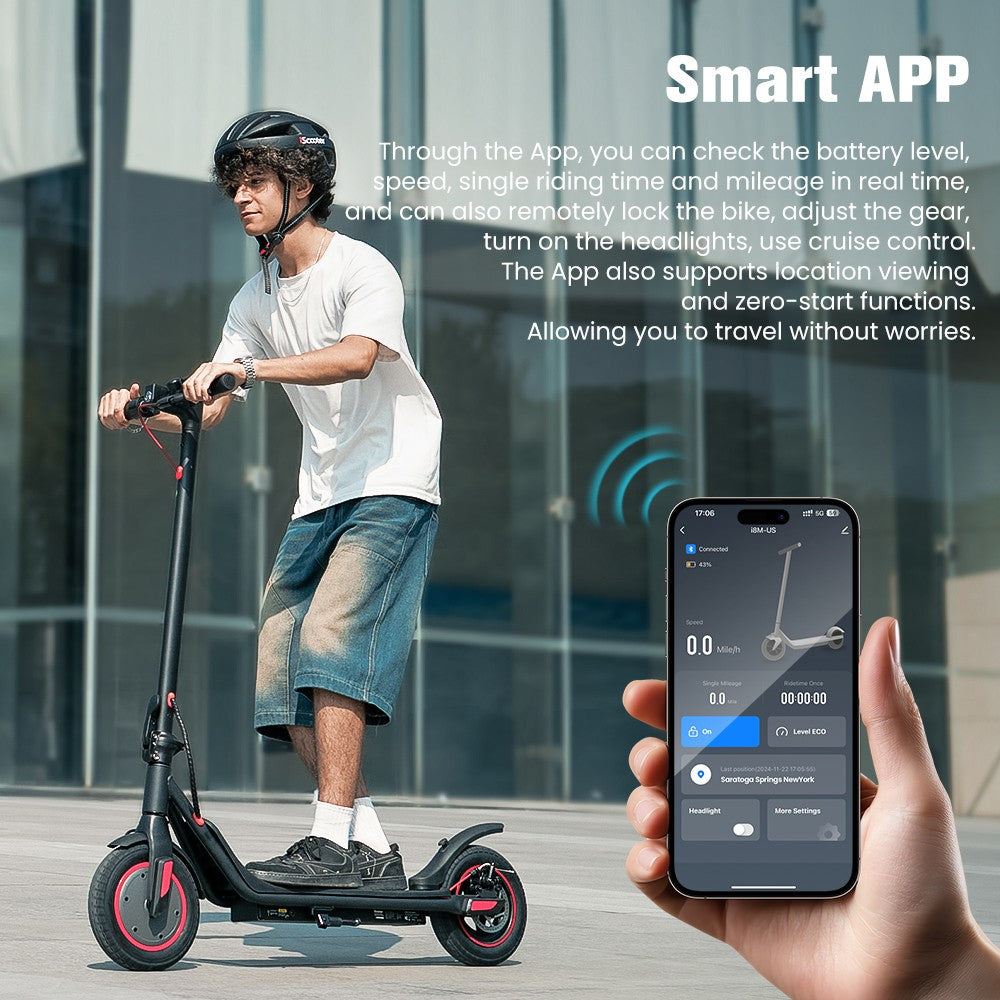 Elektromobilný skúter iScooter i9M, 500W motor, 42V 7,5Ah batéria, 10-palcové pneumatiky, maximálna rýchlosť 35 km/h, dojazd 30 km, predná elektronická brzda a zadná kotúčová brzda, ovládanie cez aplikáciu, LCD displej.