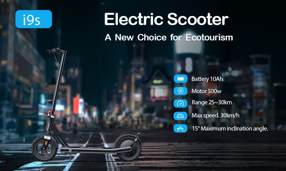 Elektromobilný skúter iScooter i9S, 500W motor, 10Ah batéria, 10-palcové pneumatiky, maximálna rýchlosť 30 km/h, dojazd 30 km, predné odpruženie, elektronická a kotúčová brzda.