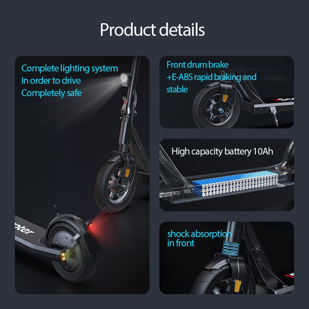 Elektromobilný skúter iScooter i9S, 500W motor, 10Ah batéria, 10-palcové pneumatiky, maximálna rýchlosť 30 km/h, dojazd 30 km, predné odpruženie, elektronická a kotúčová brzda.