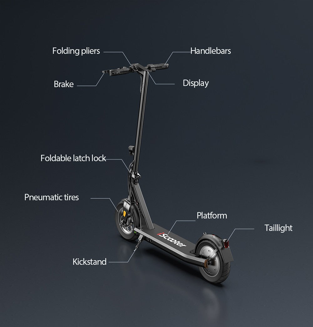 Elektromobilný skúter iScooter i9S, 500W motor, 10Ah batéria, 10-palcové pneumatiky, maximálna rýchlosť 30 km/h, dojazd 30 km, predné odpruženie, elektronická a kotúčová brzda.
