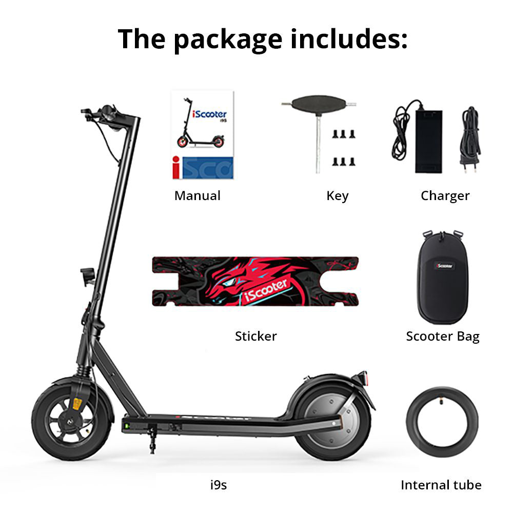 Elektromobilný skúter iScooter i9S, 500W motor, 10Ah batéria, 10-palcové pneumatiky, maximálna rýchlosť 30 km/h, dojazd 30 km, predné odpruženie, elektronická a kotúčová brzda.