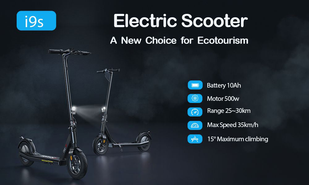 Elektromobilný skúter iScooter i9S, 500W motor, 10Ah batéria, 10-palcové pneumatiky, maximálna rýchlosť 30 km/h, dojazd 30 km, predné odpruženie, elektronická a kotúčová brzda.