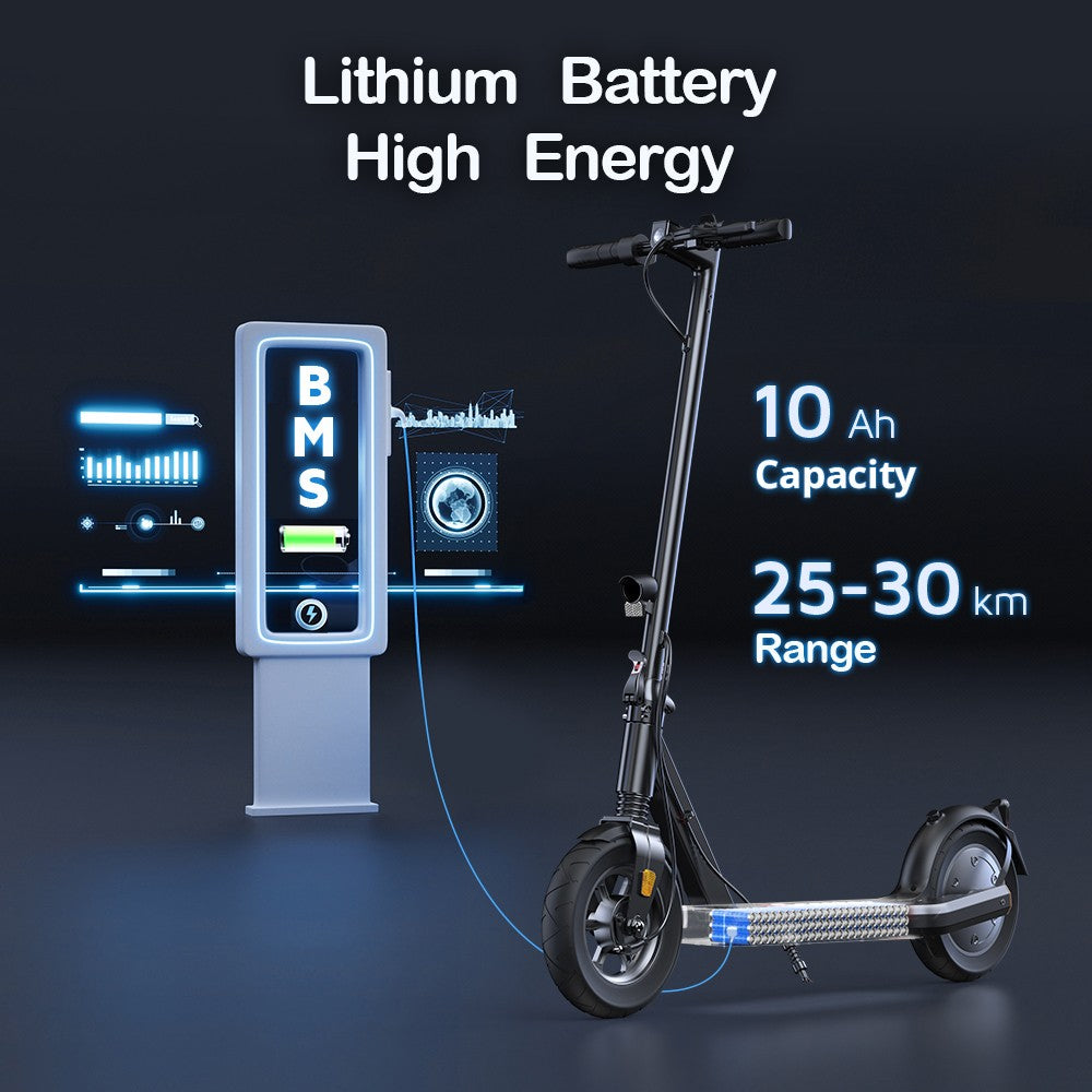 Elektromobilný skúter iScooter i9S, 500W motor, 10Ah batéria, 10-palcové pneumatiky, maximálna rýchlosť 30 km/h, dojazd 30 km, predné odpruženie, elektronická a kotúčová brzda.