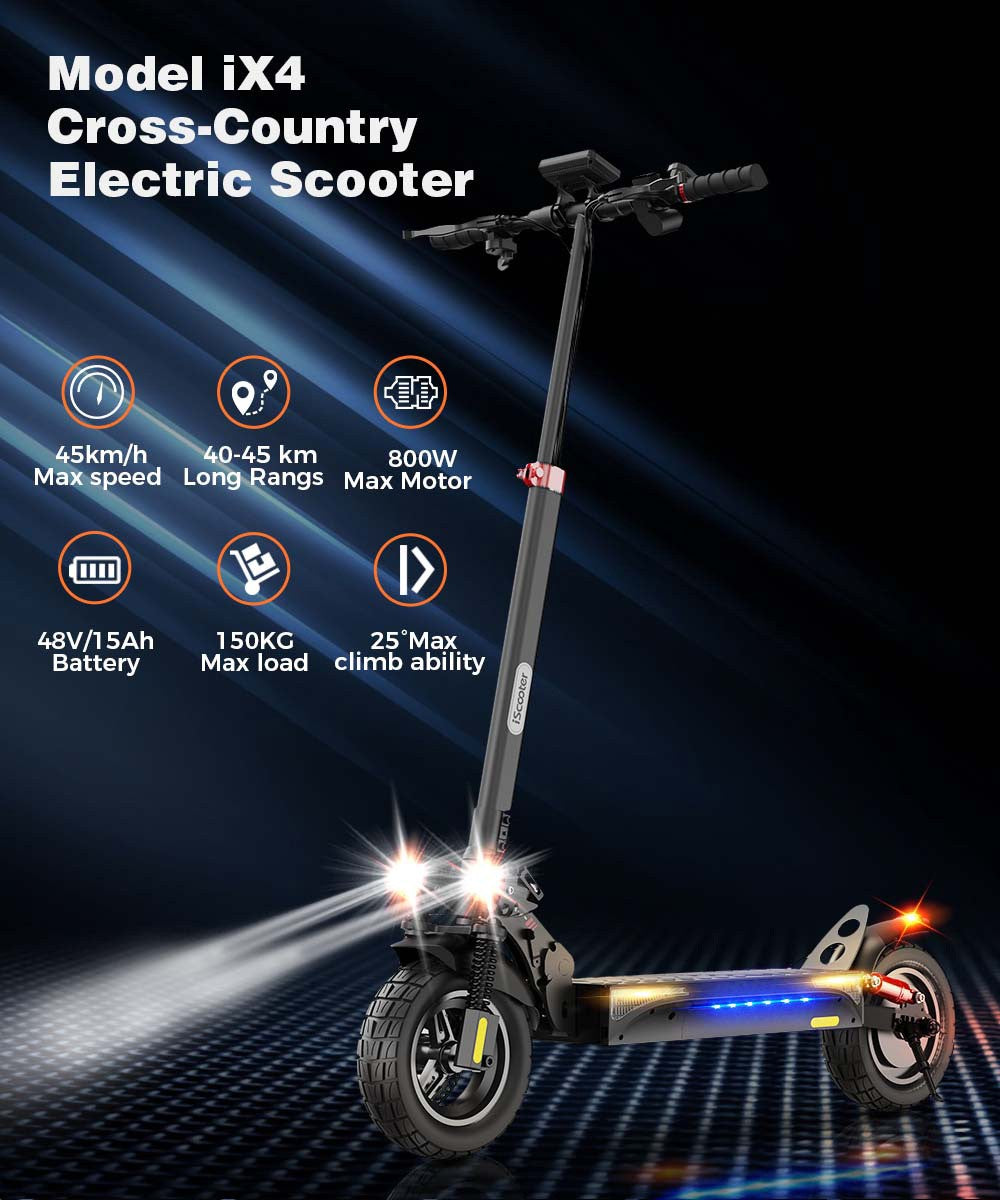Elektromobilný skúter iScooter IX4, 10'' pláty s včelími úlmi, 800W motor, maximálna rýchlosť 45 km/h, 48V 15Ah batéria, dojazd 40-45 km, ovládanie cez aplikáciu.