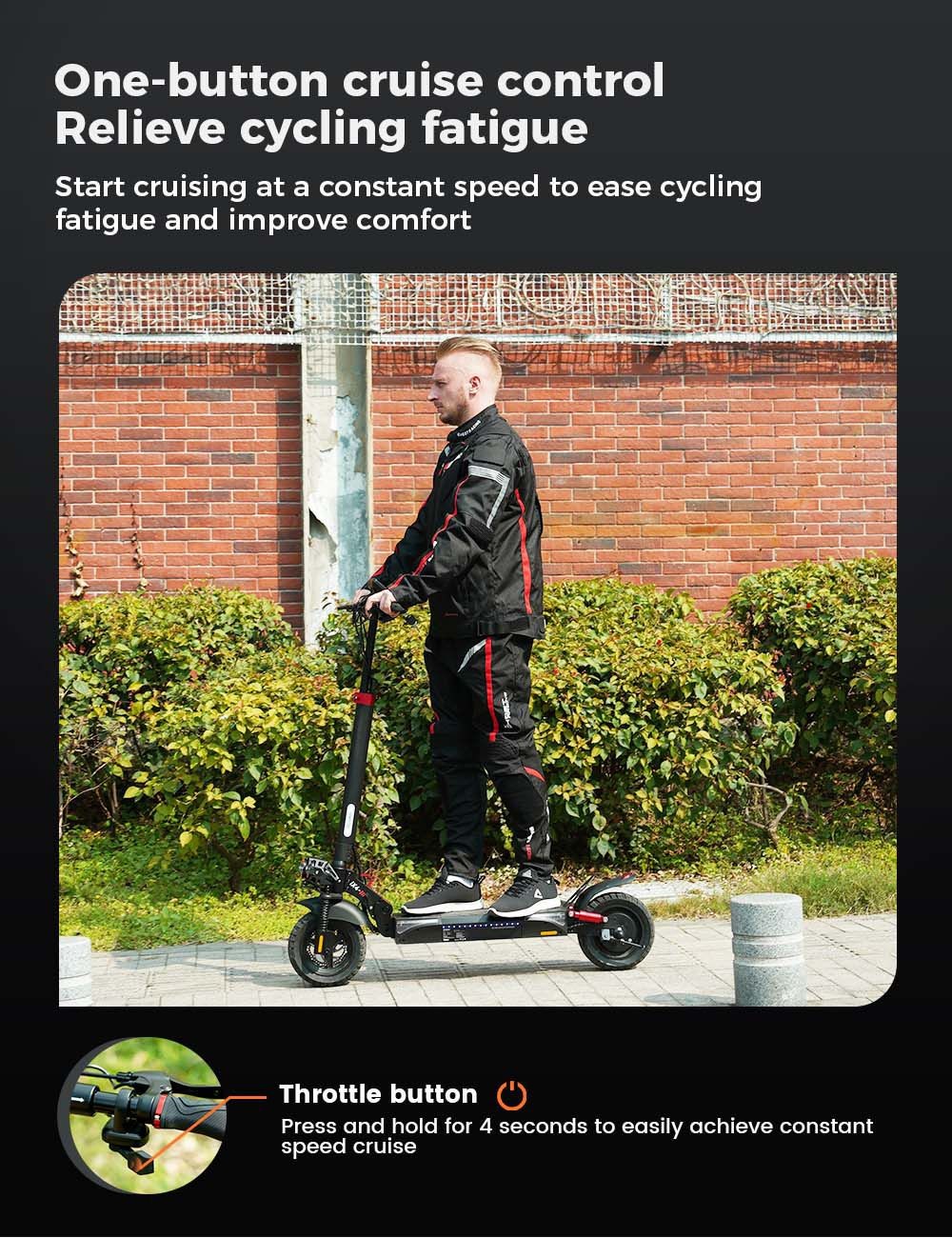 Elektromobilný skúter iScooter IX4, 10'' plástové pneumatiky, 800W motor, maximálna rýchlosť 45 km/h, 48V 15Ah batéria, dojazd 40-45 km, ovládanie cez aplikáciu.