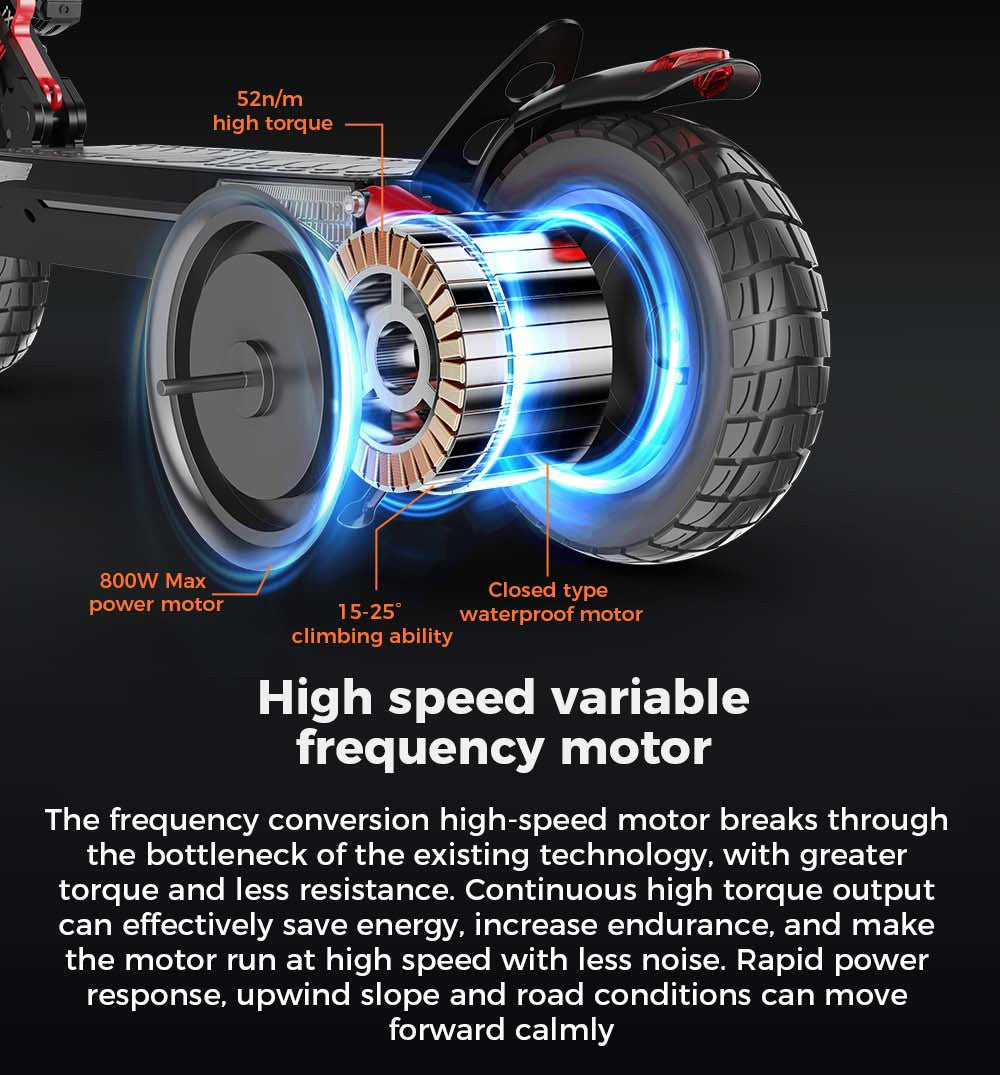 Elektromobilný skúter iScooter IX4, 10'' plástové pneumatiky, 800W motor, maximálna rýchlosť 45 km/h, 48V 15Ah batéria, dojazd 40-45 km, ovládanie cez aplikáciu.