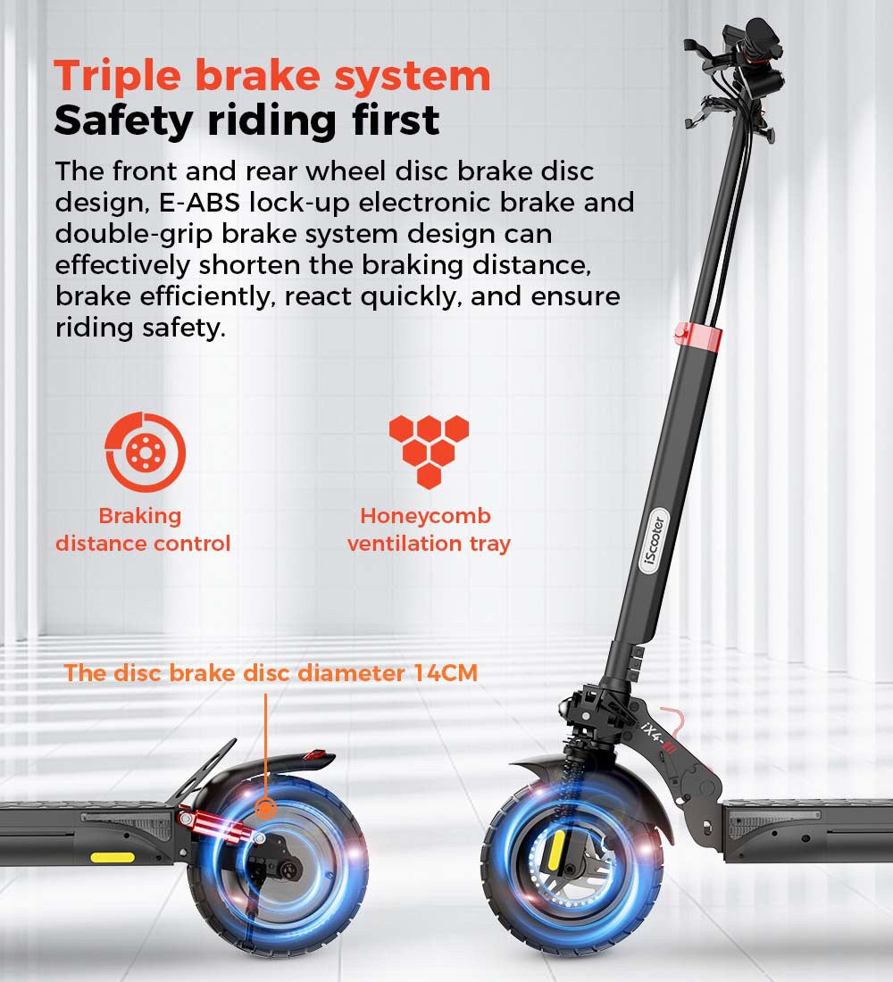 Elektromobilný skúter iScooter IX4, 10'' pláty s včelími úlmi, 800W motor, maximálna rýchlosť 45 km/h, 48V 15Ah batéria, dojazd 40-45 km, ovládanie cez aplikáciu.