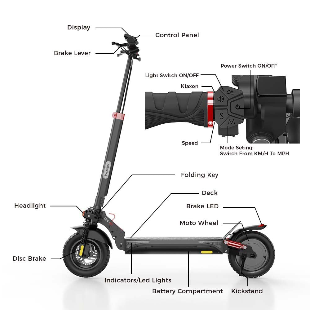 Elektromobilný skúter iScooter IX4, 10'' plástové pneumatiky, 800W motor, maximálna rýchlosť 45 km/h, 48V 15Ah batéria, dojazd 40-45 km, ovládanie cez aplikáciu.