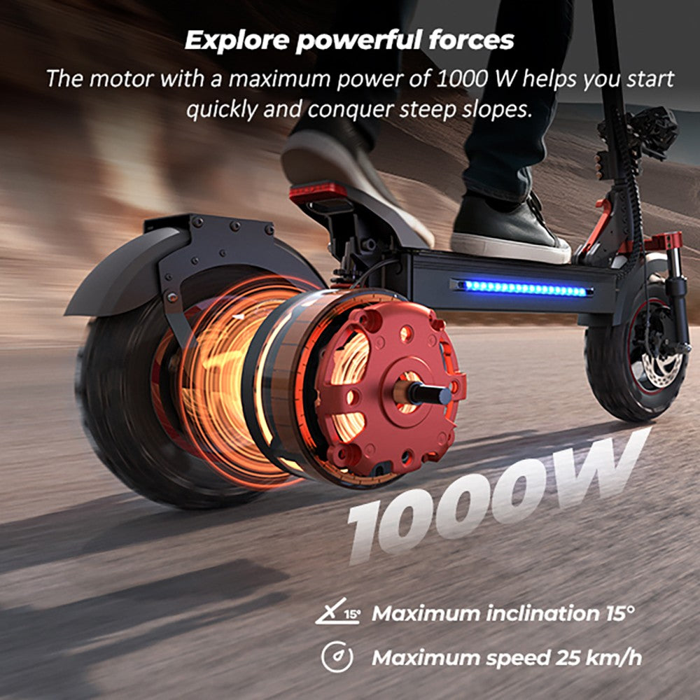 Elektromobilný skúter iScooter iX5S, 1000W motor, 48V 15Ah batéria, 10-palcové kolesá, maximálna rýchlosť 25 km/h, dojazd 65 km, dvojité kotúčové brzdy, predné a zadné tlmiče
