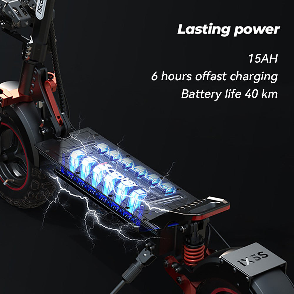 Elektromobilný skúter iScooter iX5S, 1000W motor, 48V 15Ah batéria, 11-palcové kolesá, maximálna rýchlosť 45 km/h, dojazd 40 km, dvojité kotúčové brzdy, predné a zadné tlmiče.