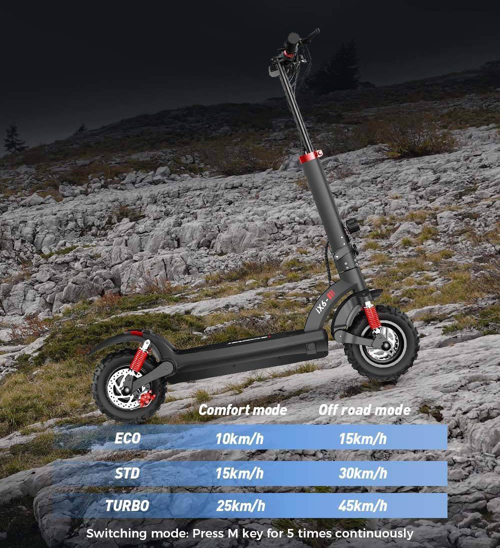 Elektromobilný skúter iScooter iX6, 11'' pneumatiky do terénu, 1000W zadný motor, max. rýchlosť 45 km/h, 48V 17,5Ah batéria, dojazd 40-45 km.
