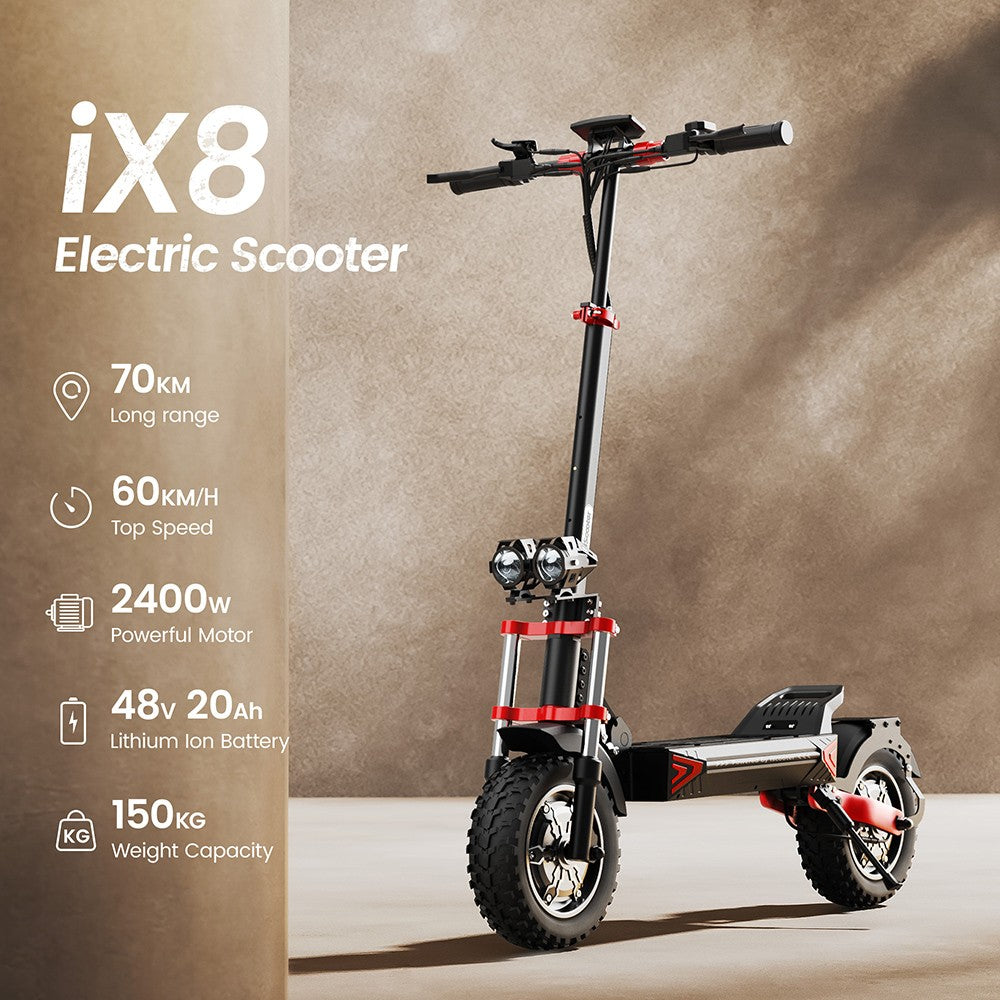 Elektromobilný skúter iScooter iX8, 2*1200W motor, 48V 20AH batéria, 12-palcové kolesá, maximálna rýchlosť 60 km/h, dojazd 70 km, dvojité hydraulické kotúčové brzdy, predné a zadné odpruženie.