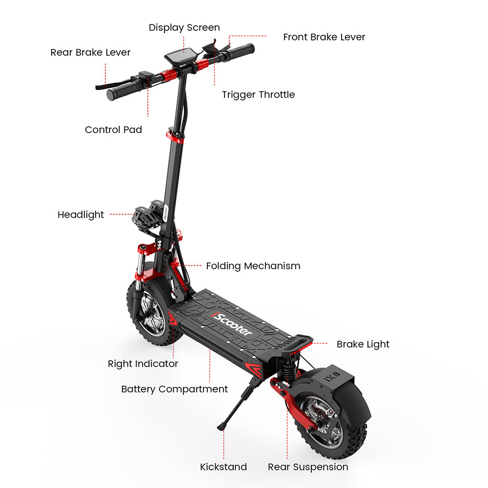 Elektromobilný skúter iScooter iX8, 2*1200W motor, 48V 20AH batéria, 12-palcové pneumatiky, maximálna rýchlosť 60 km/h, dojazd 70 km, dvojité hydraulické kotúčové brzdy, predné a zadné odpruženie.
