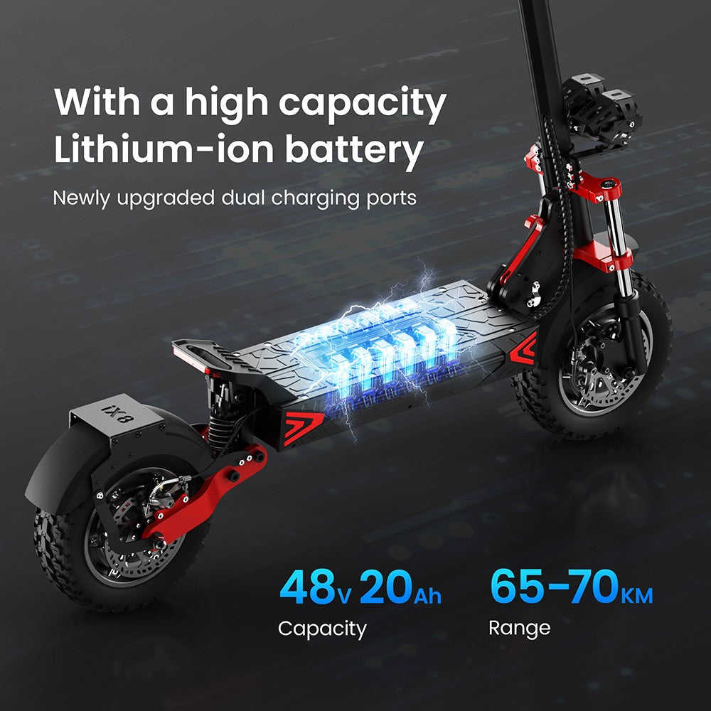 Elektromobilný skúter iScooter iX8, 2*1200W motor, 48V 20AH batéria, 12-palcové kolesá, maximálna rýchlosť 60 km/h, dojazd 70 km, dvojité hydraulické kotúčové brzdy, predné a zadné odpruženie.