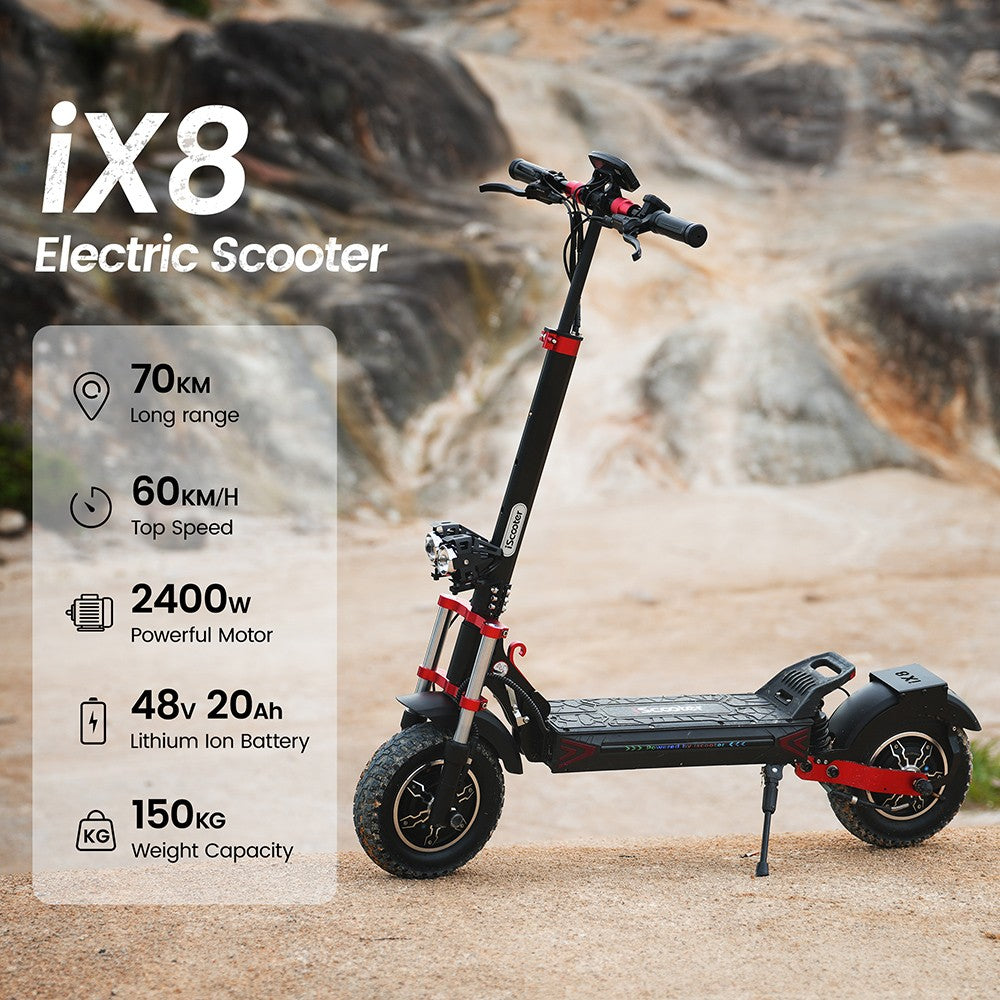 Elektromobilný skúter iScooter iX8, 2*1200W motor, 48V 20AH batéria, 12-palcové kolesá, maximálna rýchlosť 60 km/h, dojazd 70 km, dvojité hydraulické kotúčové brzdy, predné a zadné odpruženie.