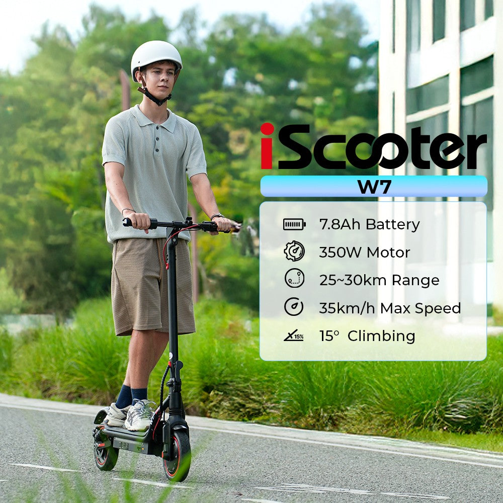 Elektromobilný skúter iScooter W7, 350W motor, 42V 7,8AH batéria, 8,5-palcové koleso, maximálna rýchlosť 35 km/h, dojazd 30 km, kotúčové brzdy, dvojité odpruženie, ovládanie cez aplikáciu.
