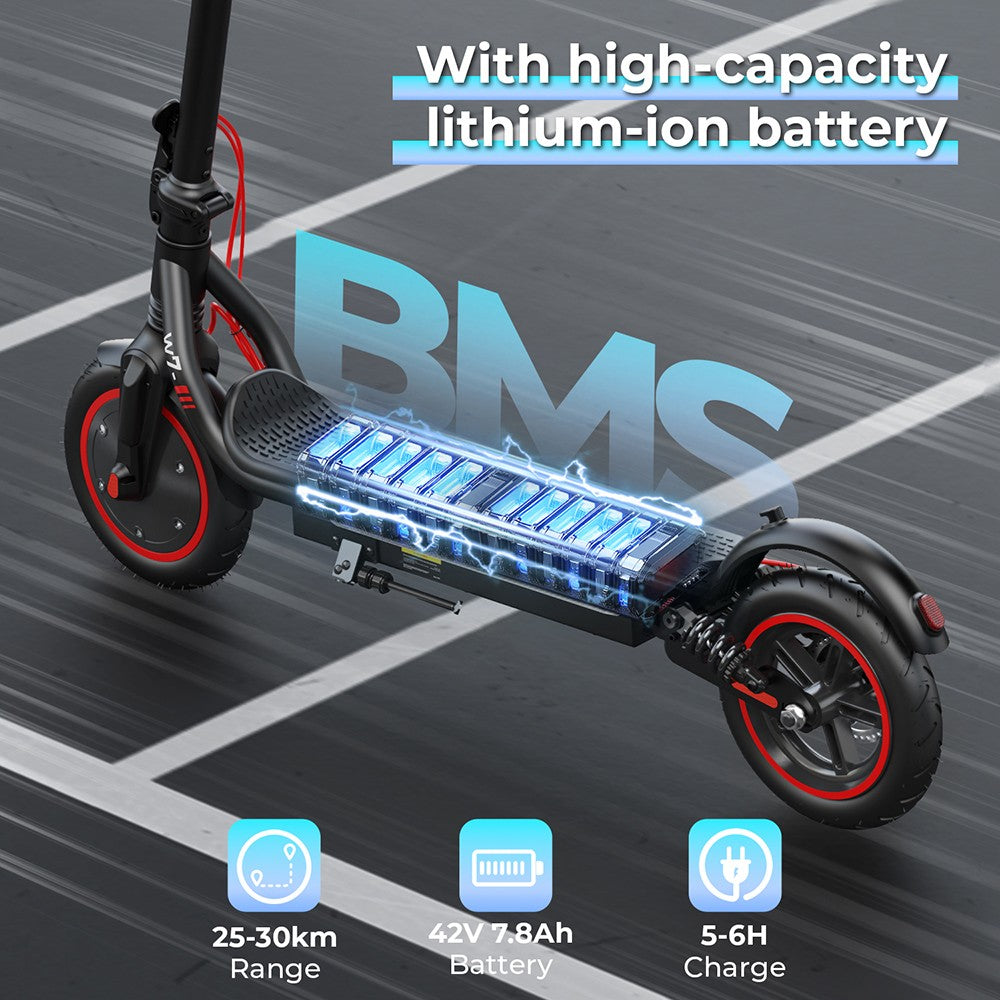 Elektromobilný skúter iScooter W7, 350W motor, 42V 7,8AH batéria, 8,5-palcové koleso, maximálna rýchlosť 35 km/h, dojazd 30 km, kotúčové brzdy, dvojité odpruženie, ovládanie cez aplikáciu.