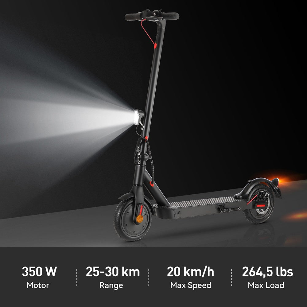 Električný kolobežka E9 Pro, certifikácia ABE, 350W motor, 36V 7,5Ah batéria, 8,5-palcové koleso, maximálna rýchlosť 20 km/h, dojazd 30 km, dvojitý brzdový systém, ovládanie cez aplikáciu.